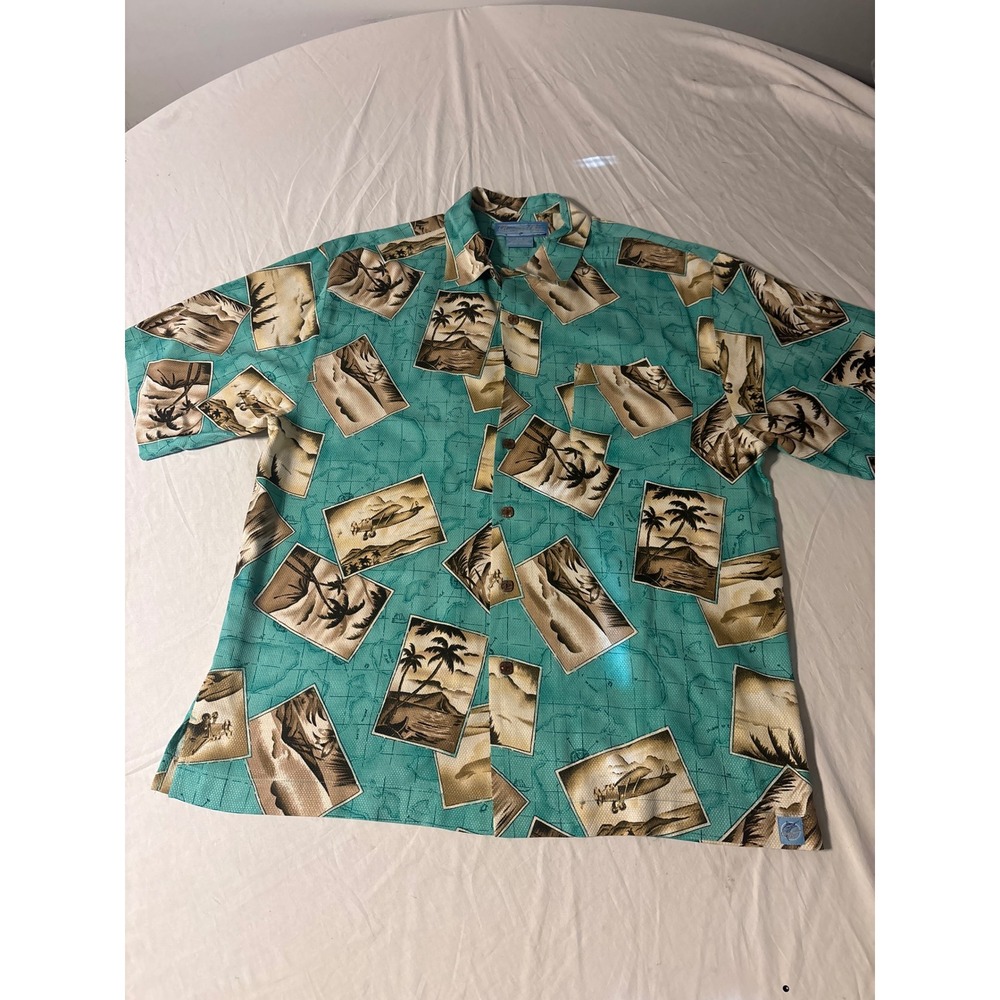 Bermuda Bay Silk Hawaiian Shirt Mens Large Teal Tropical Postcard Print